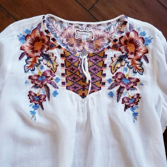 Johnny Was Workshop White Top Tunic Floral Embroidered Blouse 100% Ramie Size XL - Picture 5 of 8